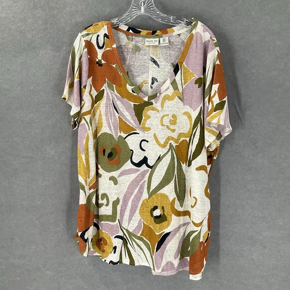 Rachel Zoe Womens Linen Floral Blouse Tunic Sz 1X Coastal Artsy Indie Abstract
